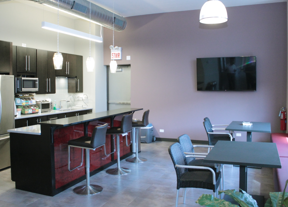AbelCine's kitchen and lounge area is frequently filled with event guests