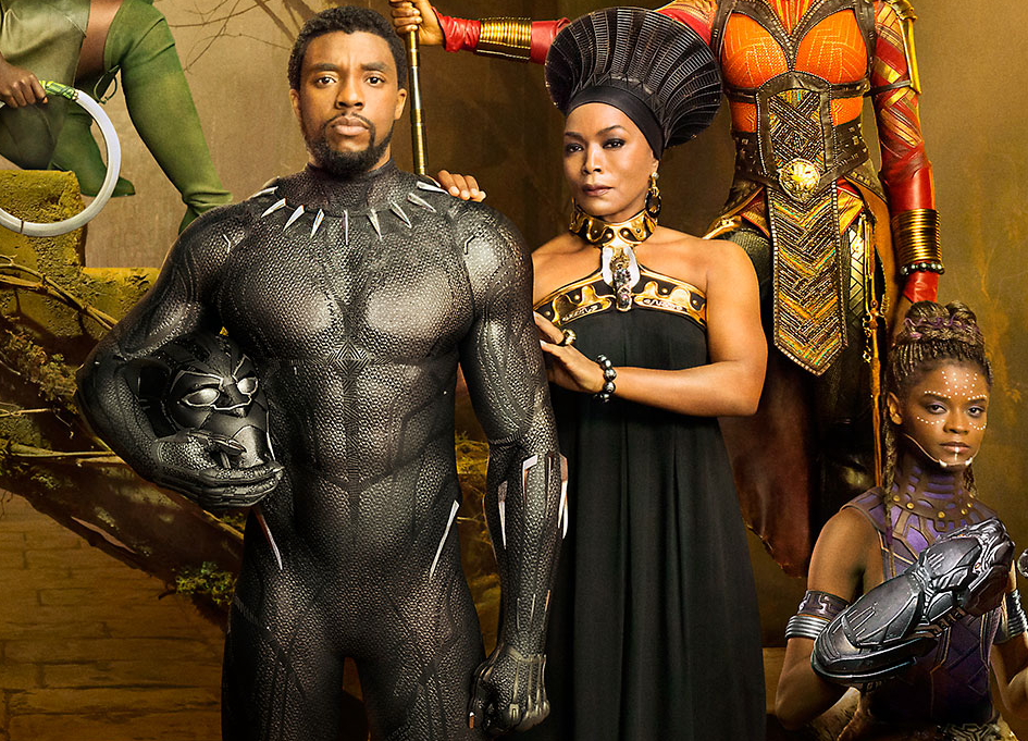 Chadwick Boseman and Angela Bassett in the "Black Panther Royal Family Portrait"