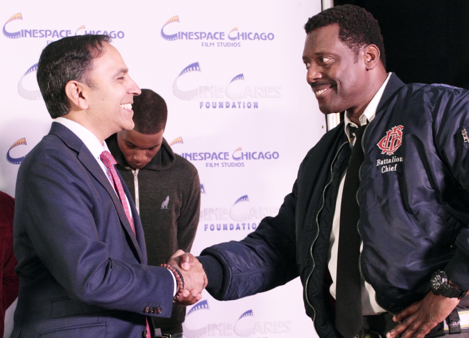 Congressman Raja Krishnamoorthi greets "Chicago Fire" star Eamonn Walker