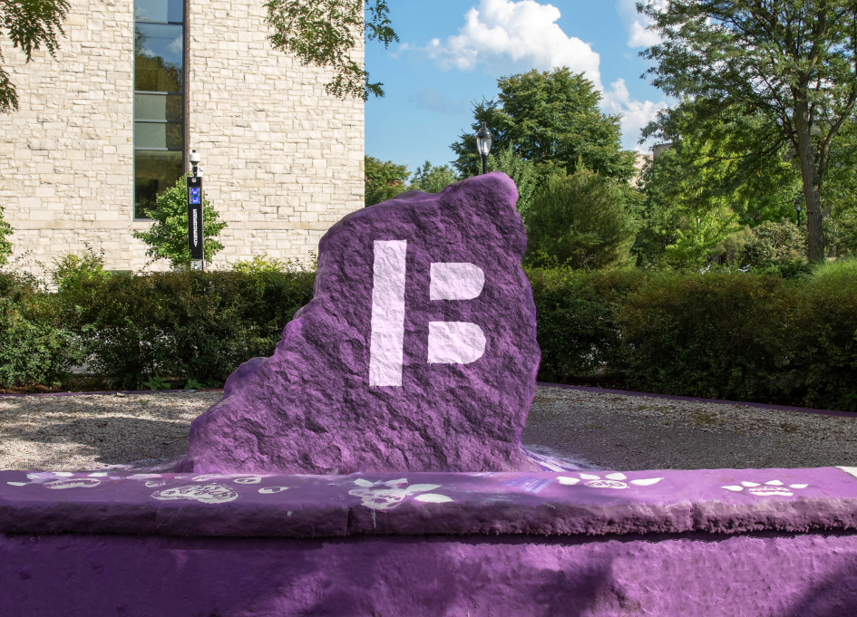 The Block Museum's new logo on a fountain in Northwestern University