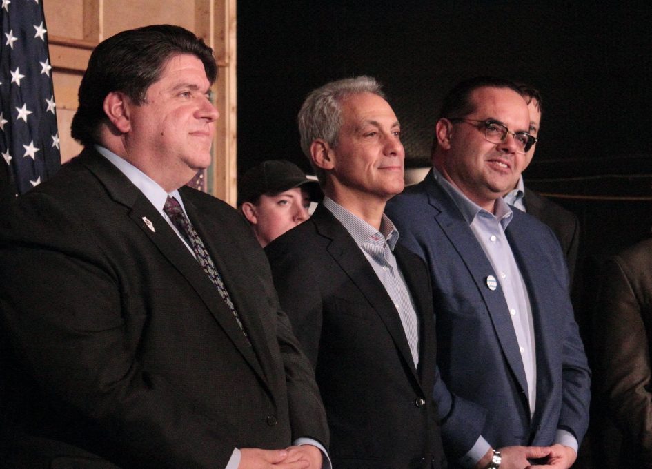 JB Pritzker, Rahm Emanuel, and Alex Pissios at Cinespace Studios