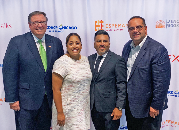 Jim Ryan, Rep. Celina Villanueva (D-Chicago). Luis Gutierrez, Alex Pissios